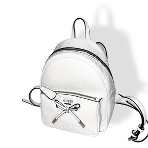 GUESS Logo Woman’s Backpack Smoke White Faux Leather w/ Bow Medium Brand New